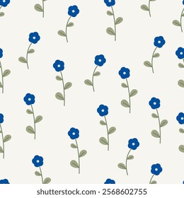 Seamless floral pattern. Cute hand-drawn cartoon flower and leaves. Natural farmhouse style. Spring or summer print for fabric, wrapping, textile, wallpaper, card, paper gift, phone case, stationery.