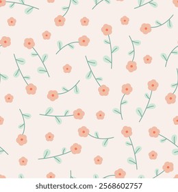 Seamless floral pattern. Cute hand-drawn cartoon flower and leaves. Natural farmhouse style. Spring or summer print for fabric, wrapping, textile, wallpaper, card, paper gift, phone case, stationery.