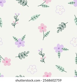 Seamless floral pattern. Cute hand-drawn cartoon flower and leaves. Natural farmhouse style. Spring or summer print for fabric, wrapping, textile, wallpaper, card, paper gift, phone case, stationery.