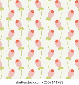 Seamless floral pattern. Cute hand-drawn cartoon flower and leaves. Natural farmhouse style. Spring or summer print for fabric, wrapping, textile, wallpaper, card, paper gift, phone case, stationery.