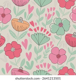 Seamless floral pattern with cute hand-drawn flowers, hearts, and leaves in soft pastel colors. Perfect for feminine, playful, and cheerful designs.