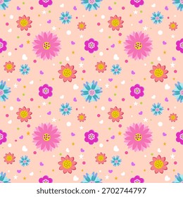 Seamless floral pattern with cute hearts and stars in pink and purple
