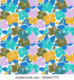 Seamless floral pattern in cute hibiscus flowers in white and blue colors. Vector illustration.