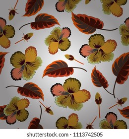 Seamless floral pattern in cute hibiscus flowers in white, yellow and brown colors. Vector illustration.