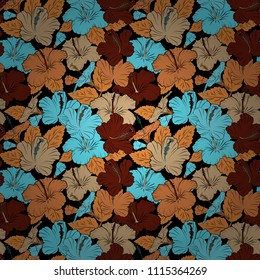 Seamless floral pattern in cute hibiscus flowers in black, orange and blue colors. Vector illustration.