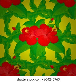 Seamless floral pattern in cute hibiscus flowers on a yellow background. Vector illustration.