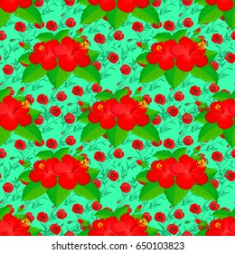 Seamless floral pattern in cute hibiscus flowers on a green background. Vector illustration.