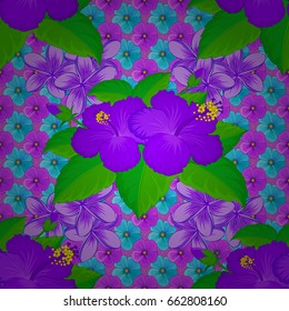 Seamless floral pattern in cute hibiscus flowers on a violet background. Vector illustration.
