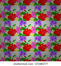 Seamless floral pattern in cute hibiscus flowers on a gray background. Vector illustration.