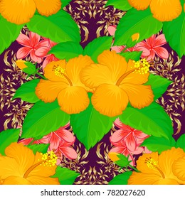 Seamless floral pattern in cute hibiscus flowers in purple, green and yellow colors. Vector illustration.