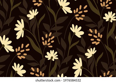 Seamless floral pattern, cute liberty ditsy print for wallpaper, textile, wrapping paper. Pretty botanical design: hand drawn wild flowers, leaves, grass abstract on a brown field. Vector illustration