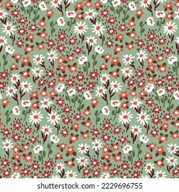 Seamless floral pattern with cute liberty meadow, small hand drawn flowers. Pretty flower design, romantic ditsy print with cute tiny flowers, leaves, grass on gray background. Vector illustration.