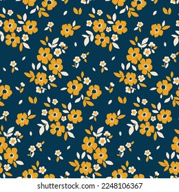 Seamless floral pattern, cute liberty style flower print with tiny hand drawn plants. Pretty ditsy fabric design with small white and yellow flowers, leaves on a blue background. Vector illustration.