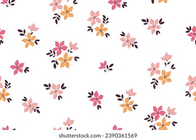 Seamless floral pattern, cute liberty ditsy print with mini botany in spring motif. Pretty botanical design: small hand drawn flowers, tiny leaves abstract on a white background. Vector illustration.