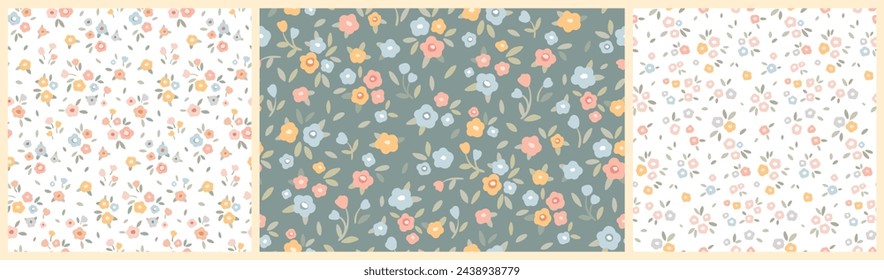 Seamless floral pattern, cute liberty ditsy print with mini hand drawn plants  in baby motif. Pretty botanical design collection: small flowers, tiny leaves in pastel colors. Vector illustration.