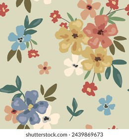 Patrón floral sin costuras, lindo estampado de libertad ditsy, adorno de la naturaleza en colores naturales. Papel pintado botánico bonito, diseño textil: pequeñas flores dibujadas a mano, hojas, ramos simples. Ilustración de vector