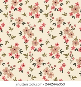 Seamless floral pattern, cute liberty ditsy print of mini botany in a romantic motif. Pretty simple botanical design: small hand drawn flowers, tiny leaves abstract on light field. Vector illustration