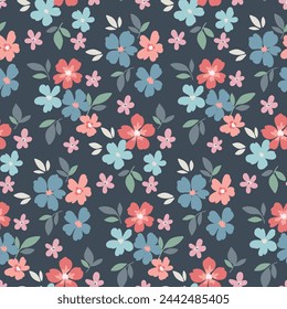 Seamless floral pattern, cute liberty ditsy print of tiny botany. Pretty botanical design, abstract flower decor: small hand drawn daisy flowers, mini leaves on a blue field. Vector illustration.