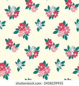 Patrón floral sin costuras, adorno de flores abstracto simple en el motivo popular. Bonito diseño botánico: Pequeñas flores dibujadas a mano, hojas diminutas, ramos rosas sobre blanco. gráfico de Vector