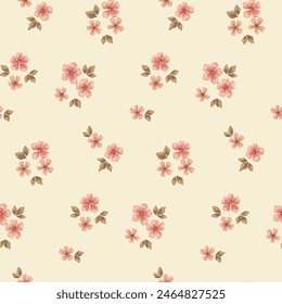 Seamless floral pattern, cute liberty ditsy print, abstract ornament in a rustic motif. Delicate botanical design: small hand drawn flowers, simple tiny bouquets in pastel colors. Vector illustration.