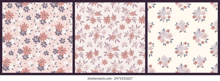 Seamless floral pattern, cute liberty ditsy print, abstract flower ornament. Pretty botanical design in pastel: small hand drawn daisy flowers, tiny leaves, mini simple bouquets. Vector illustration.