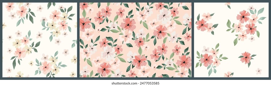 Seamless floral pattern, cute liberty ditsy print, abstract ornament in romantic colors. Pretty botanical design collection: small hand drawn watercolor flowers, leaves, bouquets. Vector illustration.