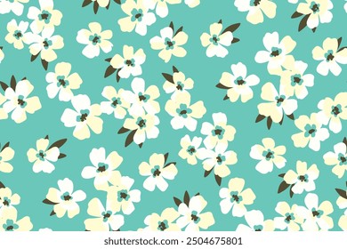 Patrón floral sin fisuras, linda libertad ditsy impresión, adorno de flores abstractas. Delicado diseño de moda textil botánico: Pequeñas flores de margarita dibujadas a mano, hojas diminutas, plantas simples. Ilustración vectorial.