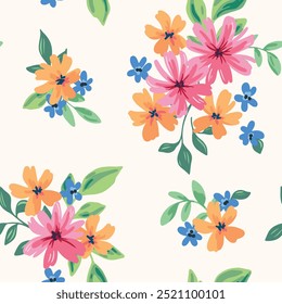 Seamless floral pattern, cute liberty ditsy print, abstract ornament of colorful hand drawn summer bouquet. Botanical design in folk motif: small simple flowers, tiny leaves on white surface. Vector.