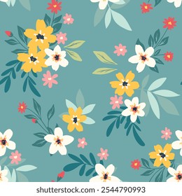 Seamless floral pattern, cute liberty ditsy print, abstract ornament with simple botany. Pretty botanical design: small hand drawn daisy flowers, tiny leaves, bouquets, blue field. Vector illustration