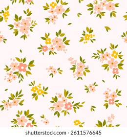 Seamless floral pattern, cute liberty ditsy print with mini hand drawn flowers in baby motif. Pretty botanical design collection small flowers, tiny leaves in pastel colors. Vector illustration. Stock