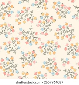 Seamless floral pattern, cute liberty ditsy print with mini hand drawn flowers in baby motif. Pretty botanical design collection small flowers, tiny leaves in pastel colors. Vector illustration. Stock