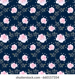 Seamless floral pattern with cute light pink roses. Vector illustration.