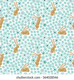 Seamless floral pattern with cute little rabbits