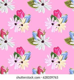 Seamless floral pattern with cute meadow flowers and buds of roses. Vintage floral background for textile, cover, wallpaper, gift packaging, printing.Romantic design for calico, silk, home textiles.