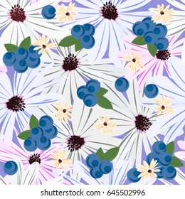 Seamless floral pattern with cute meadow flovers and berries. Vintage floral background for textile, cover, wallpaper, gift packaging, printing.Romantic design for calico, silk, home textiles.