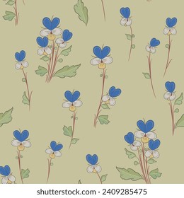 Seamless floral pattern with cute floral motifs. Blooming branches of wild pansy or viola tricolor flower. Medieval illuminated manuscript art. On light background.