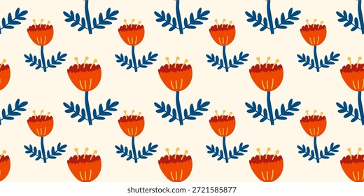 Patrón floral sin fisuras con lindas flores nórdicas, hojas y un diseño geométrico limpio. Diseñado para textiles escandinavos, Fondo de pantalla y estampados interiores modernos.
