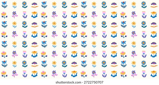 Nahtloses Blumenmuster mit süßen nordischen Blumen, Blättern und einem sauberen geometrischen Layout. Entwickelt für skandinavische Textilien, Tapeten und moderne Interieurdrucke.