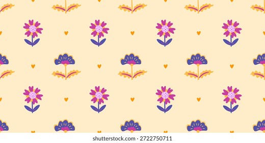 Nahtloses Blumenmuster mit süßen nordischen Blumen, Blättern und einem sauberen geometrischen Layout. Entwickelt für skandinavische Textilien, Tapeten und moderne Interieurdrucke.