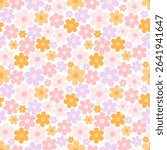 Seamless floral pattern with cute pastel flowers in pink, yellow, and lilac. Perfect for kids designs, fabric, wrapping paper, and spring or summer decorations.

