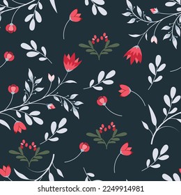 Seamless floral pattern with cute pink flowers on dark blue background. The elegant template for fashion print. Vintage floral bacground 