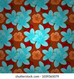 Seamless floral pattern in cute plumeria flowers in orange, red and blue colors. Vector illustration.