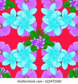 Seamless floral pattern in cute plumeria flowers on a red background. Vector illustration.