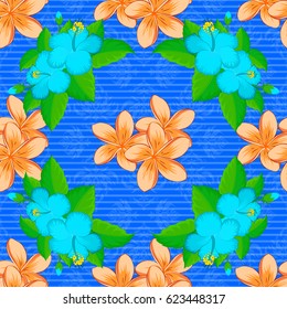 Seamless floral pattern in cute plumeria flowers on a blue background. Vector illustration.