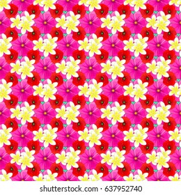 Seamless floral pattern in cute plumeria flowers on a green background. Vector illustration.