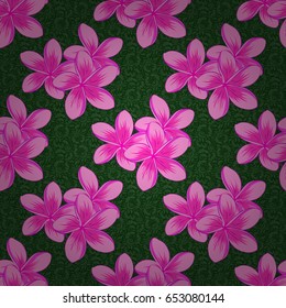 Seamless floral pattern in cute plumeria flowers on a green background. Vector illustration.