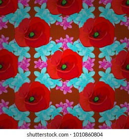 Seamless floral pattern in cute poppy flowers in blue, orange and red colors. Vector illustration.