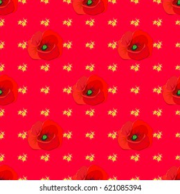 Seamless floral pattern in cute poppy flowers on a red background. Vector illustration.