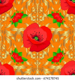 Seamless floral pattern in cute poppy flowers on a orange background. Vector illustration.
