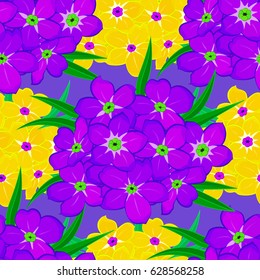 Seamless floral pattern in cute primrose flowers on a violet background. Vector illustration.